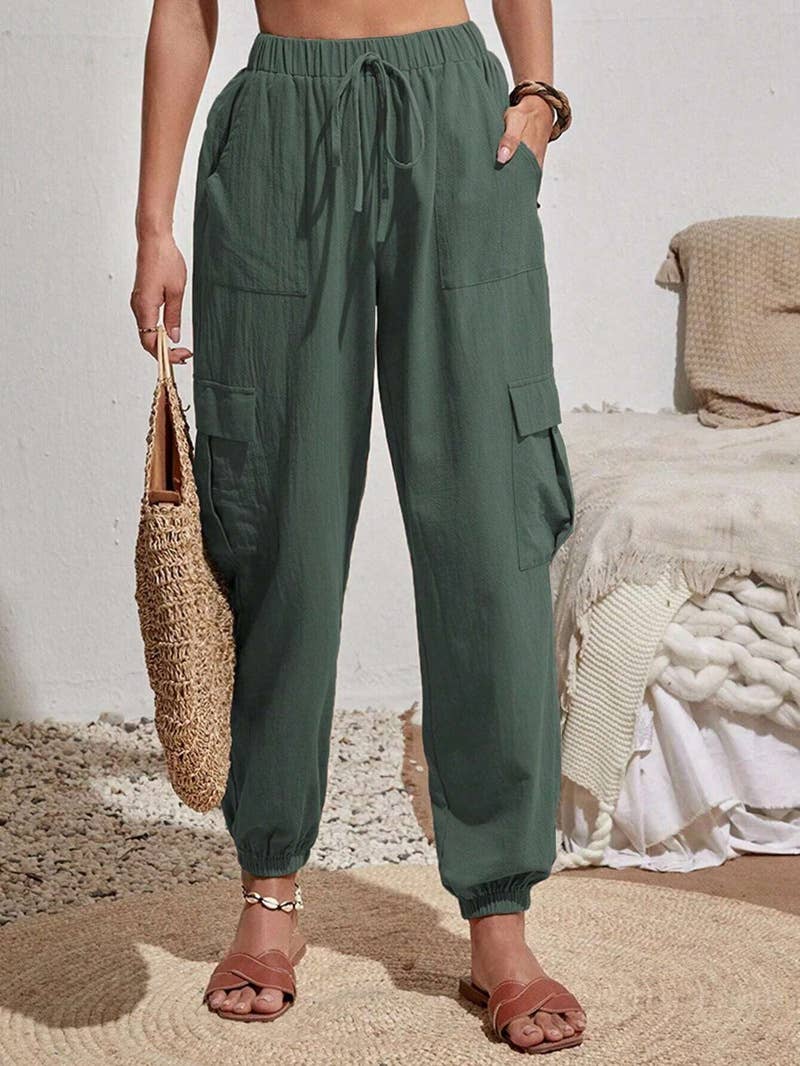 Wash water crepe pocket casual cargo pants