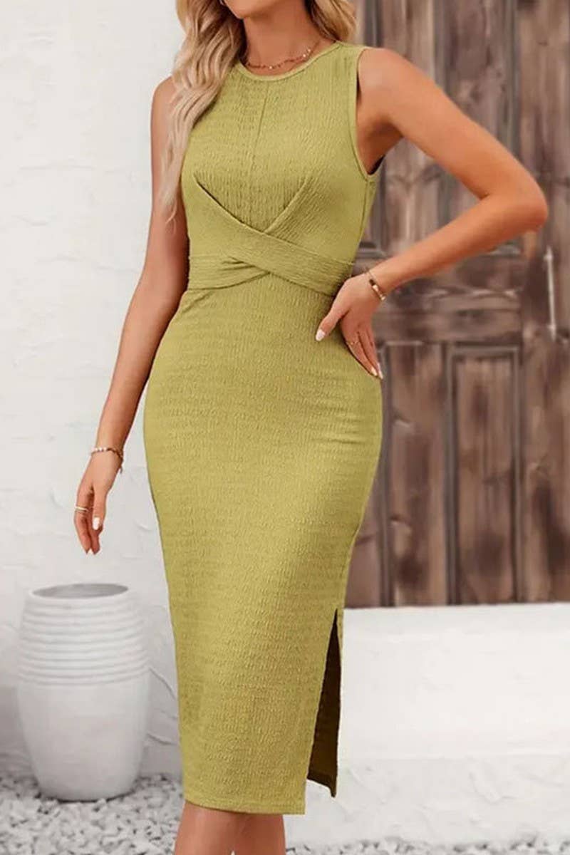 CWDMD4883_SOLID COLOR TWIST TIE BOW SLEEVELESS DRESS