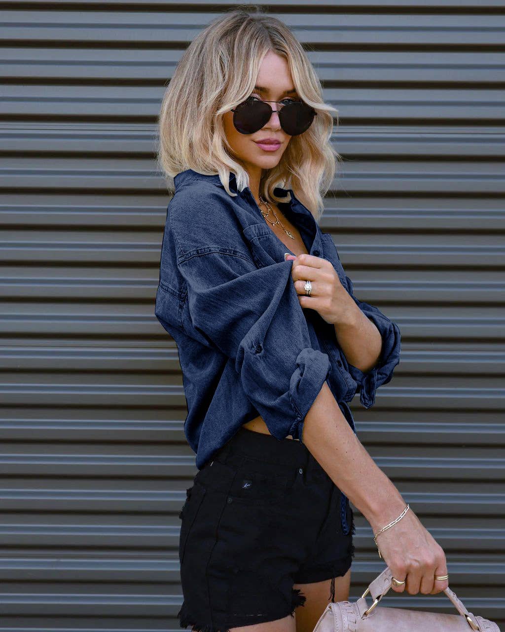 LONG SLEEVE DENIM SHIRT WITH POCKETS LOOSE TOP