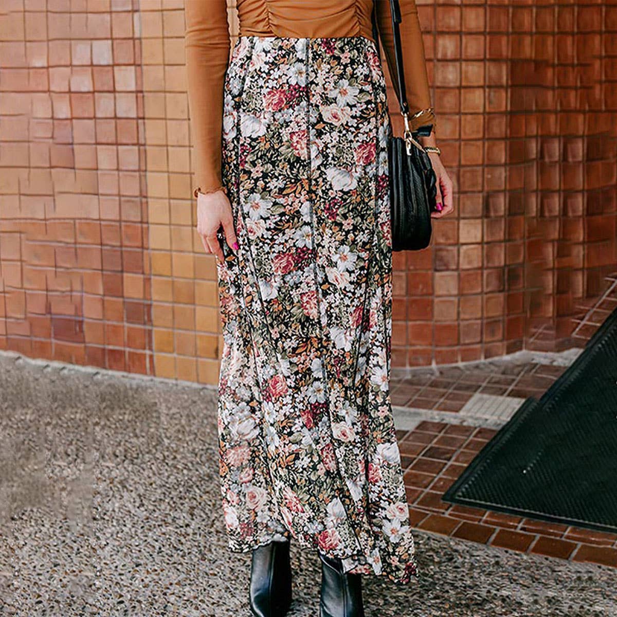 STYLISH MULTICOLOR FLORAL PRINT HIGH WAIST SKIRT