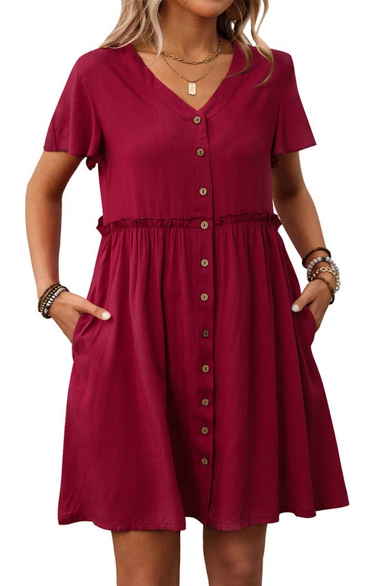 CWDSD7262_BOHEMIAN V-NECK SHORT-SLEEVED RUFFLE DRESS