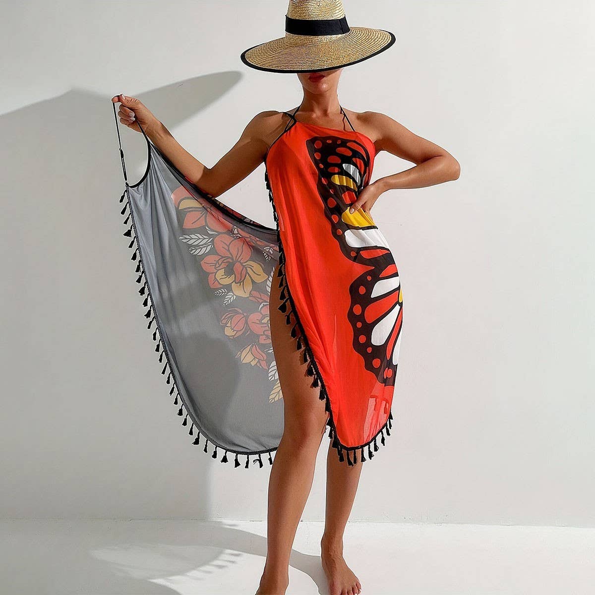 Multi-Way Butterfly Print Tassel Beach Cape Dress