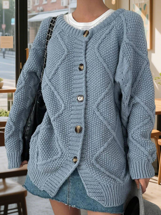 Solid-color diamond-check loose knitted cardigan