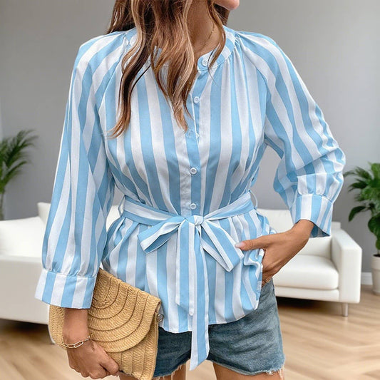 Striped tie-neck v-neck shirt