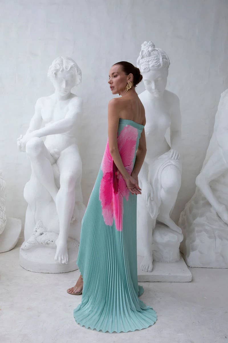 CWDMD5533_SUMMER PLEATED PRINTED BACKLESS TUBE DRESS