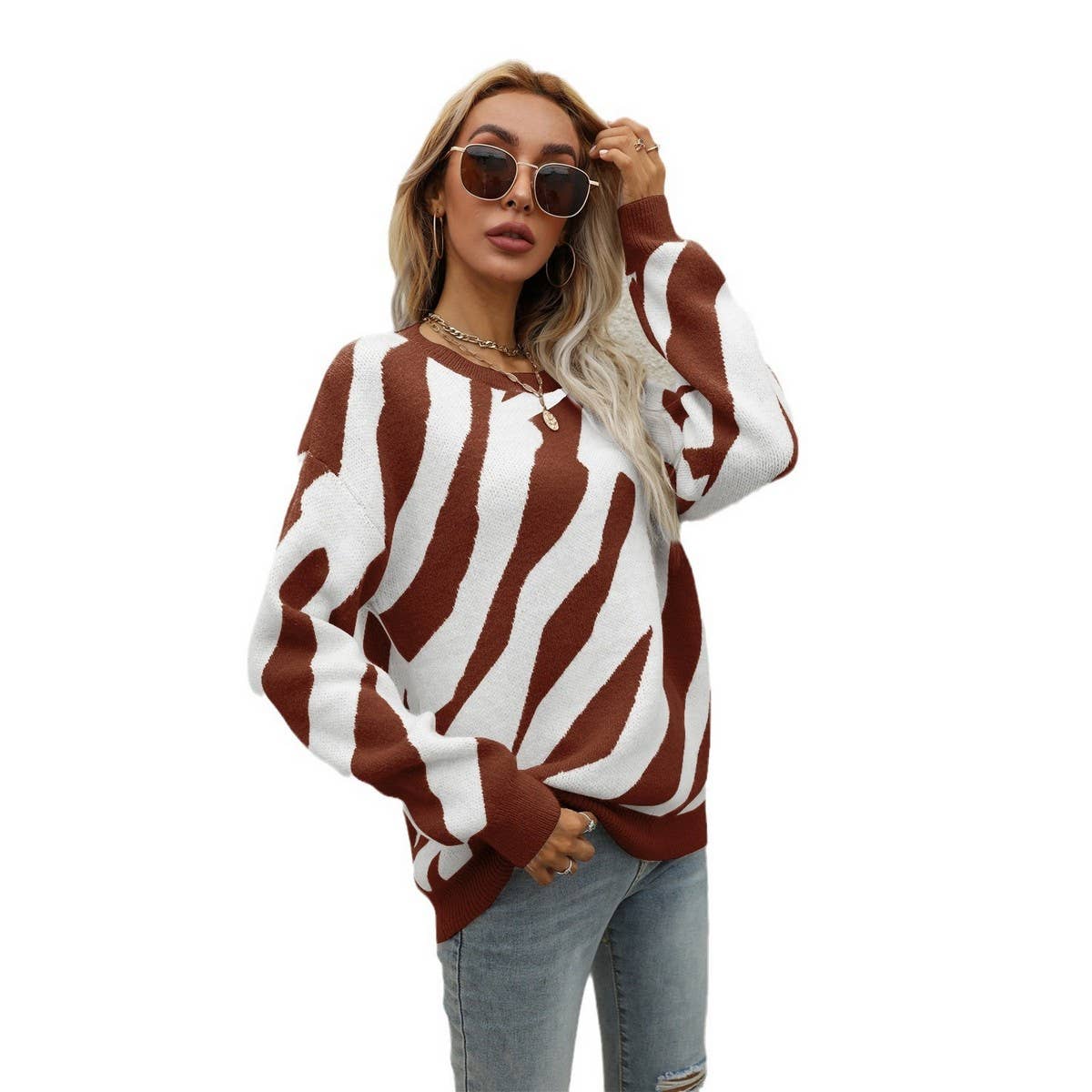 Striped stylish knit pullover sweater
