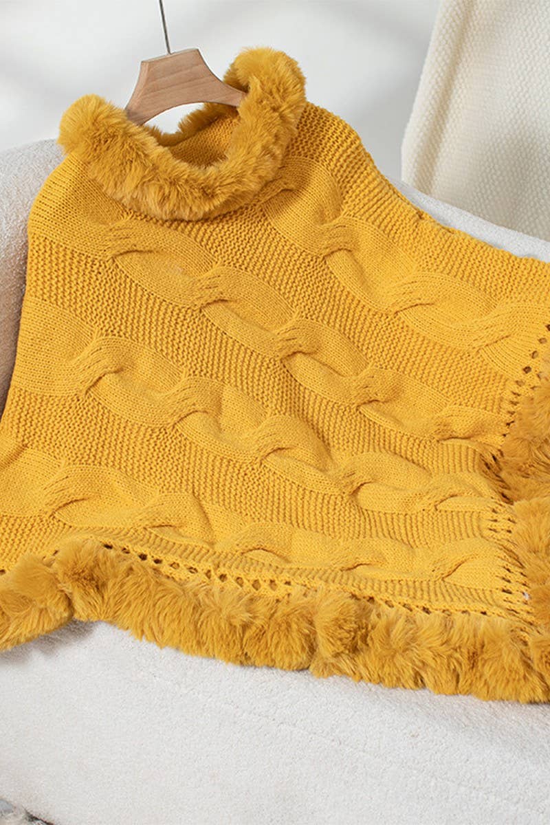 CWOSWL2803_FUR COLLAR THICK CABLE PULLOVER SWEATER CAPE