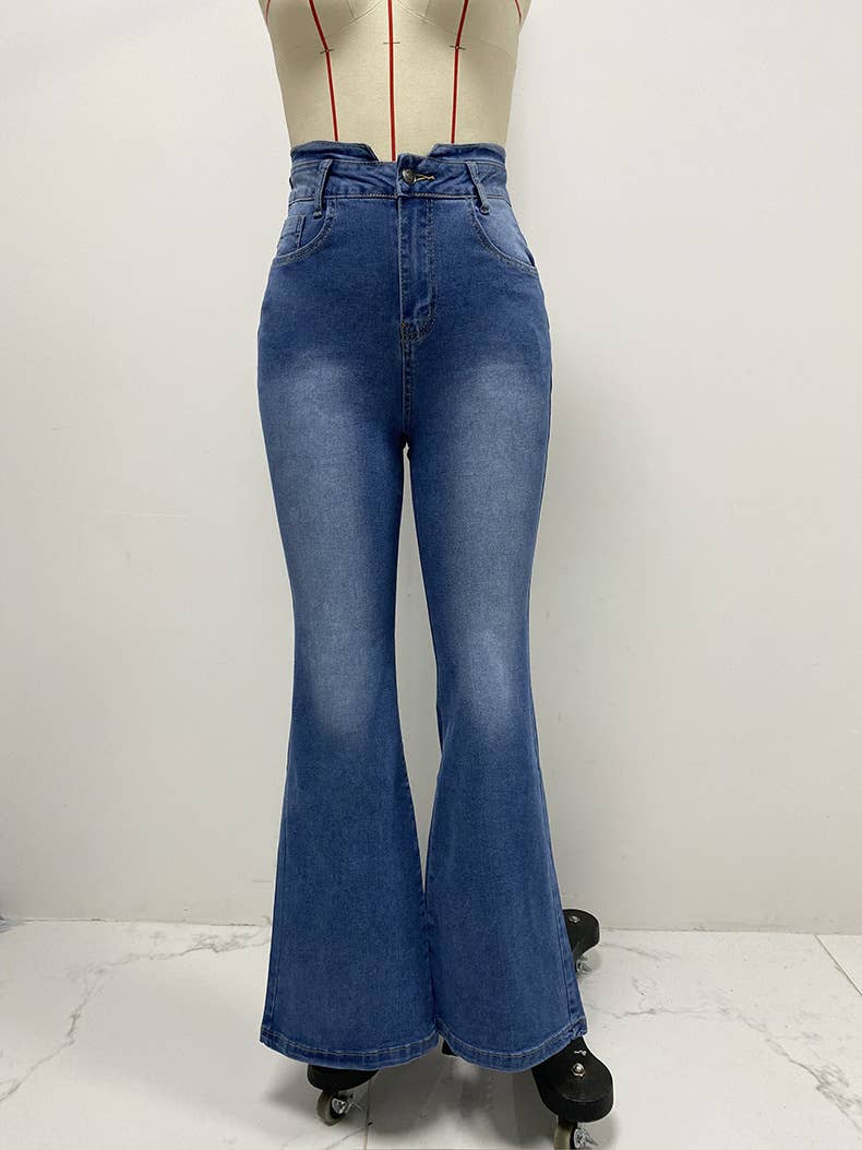 WASHED JEANS DECORATED HEIGHT WAIST BELL BOTTOMS