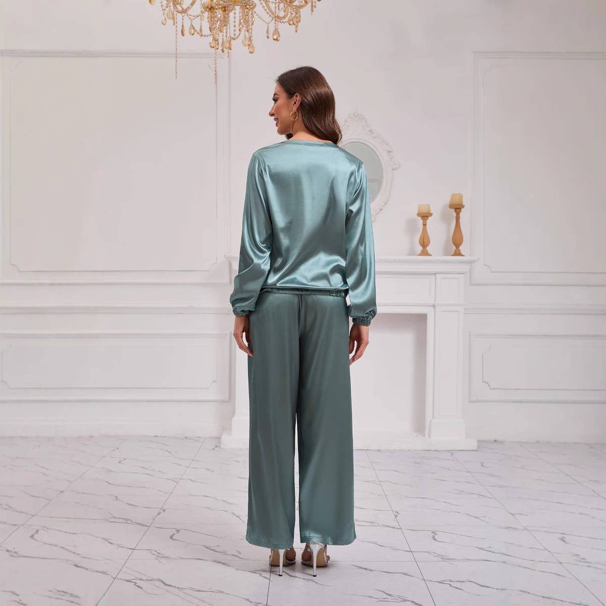 Round-neck satin loose top trousers casual set