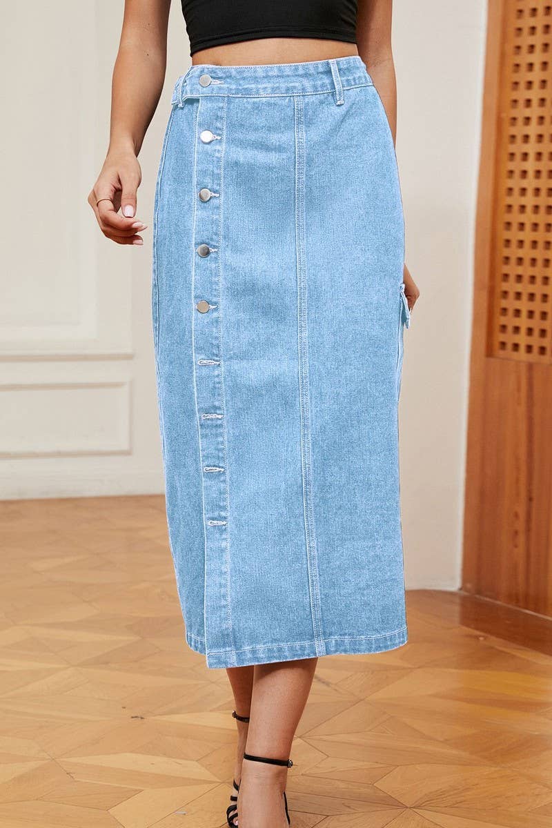CWJSK00227_TRENDY HALF ELASTIC WAIST DENIM CARGO SKIRT