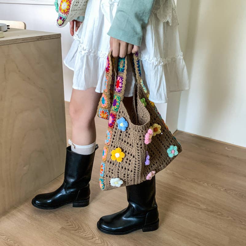 Ethnic-style artistic flower patchwork knit bag
