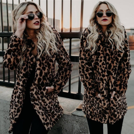 Leopard Faux Fur Coat Women Mid-Length Winter