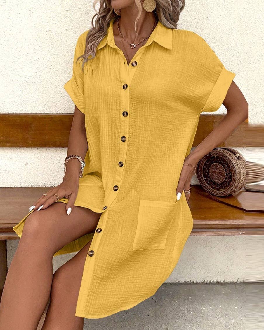 Simple loose V-neck single breasted solid color shirt dress