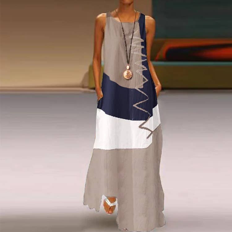 PRINTED SLEEVELESS U-NECK COLOR MATCHING DRESS