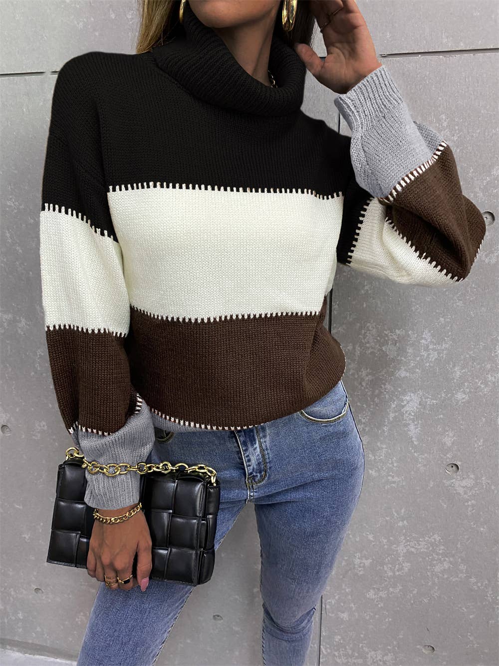 Turtleneck patchwork fashion knit long-sleeved sweater