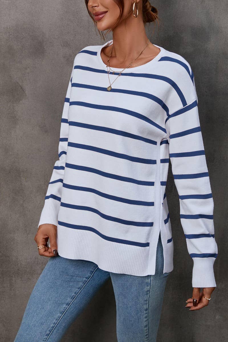 Striped elbow love crew-neck pullover sweater