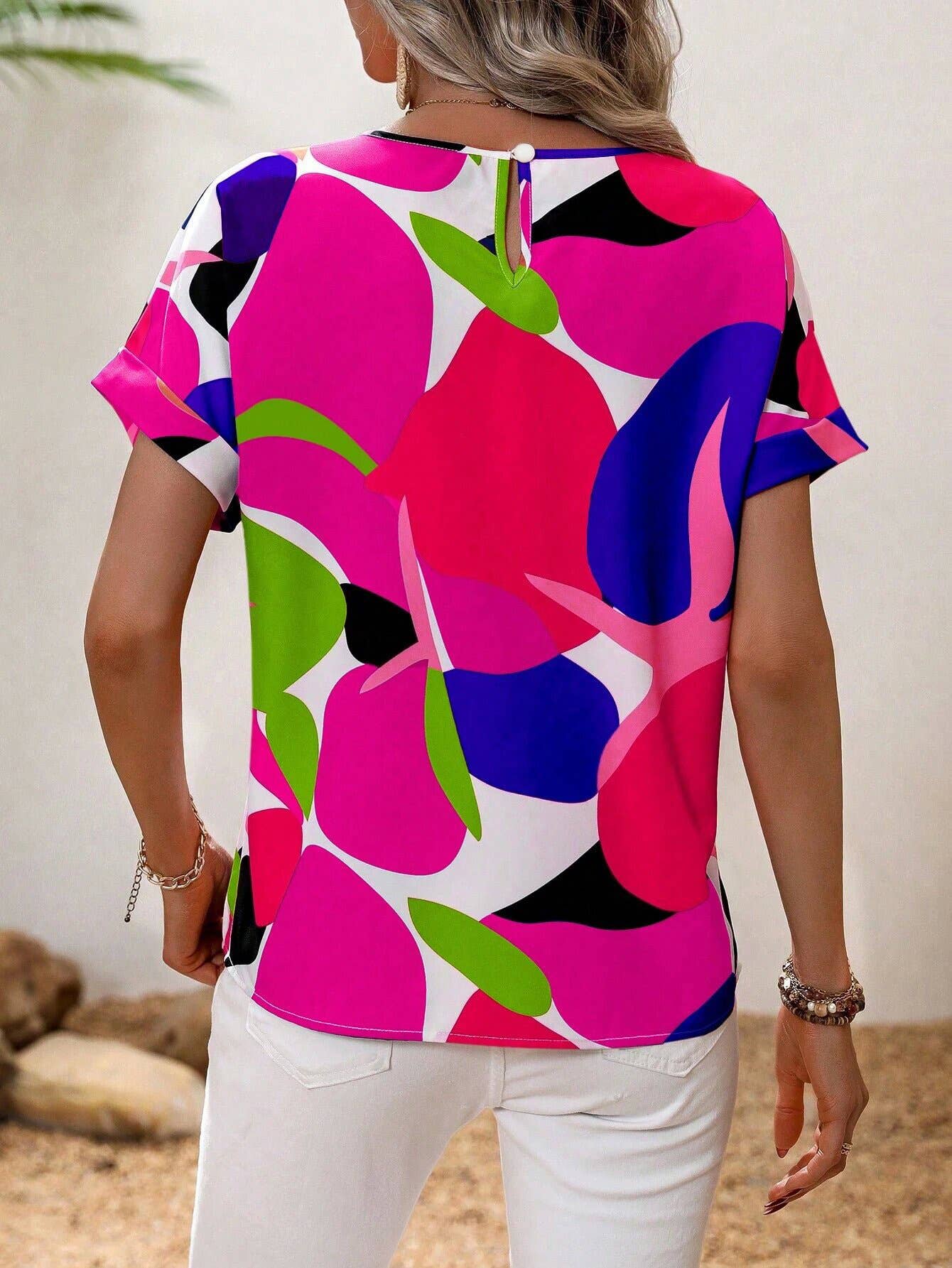 Fashion printed multi-color U-neck blouse