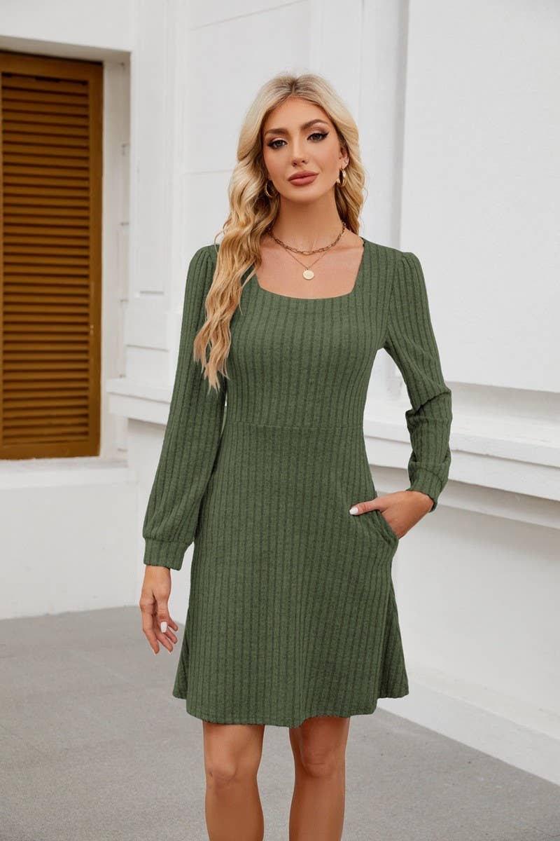 CWDSD8812_SQUARE NECK POCKET KNIT LONG SLEEVE CASUAL DRESS