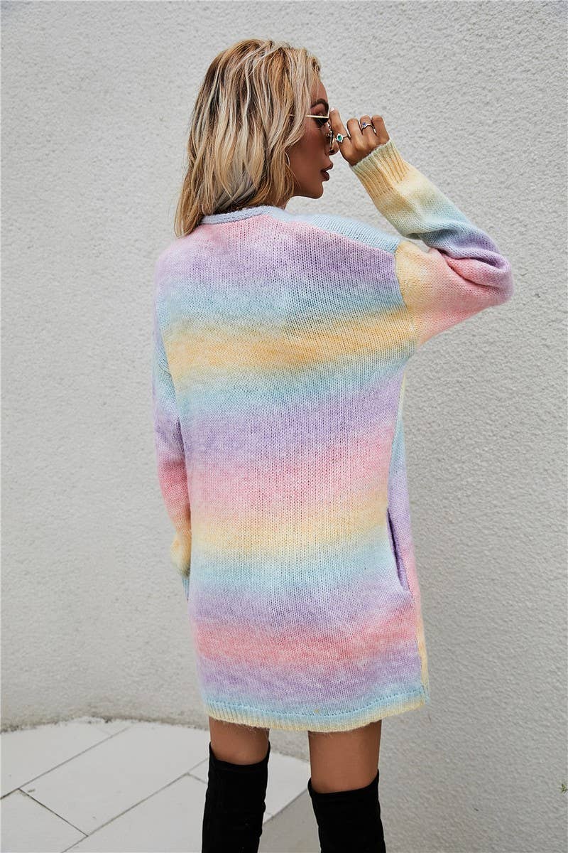 CWOCAL0935_RAINBOW TIE-DYE MID-LENGTH KNITTED CARDIGAN COAT