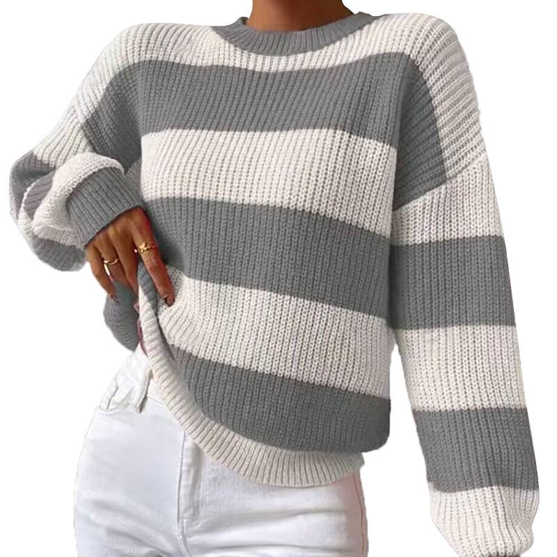 STRIPED SWEATER PULLOVER CREW-NECK SWEATER