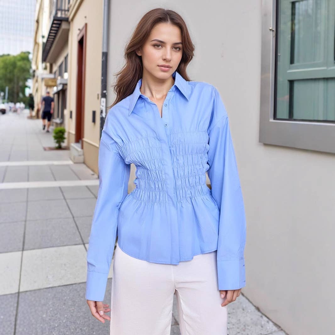 Lapel paired with a pleated cinched-waist shirt