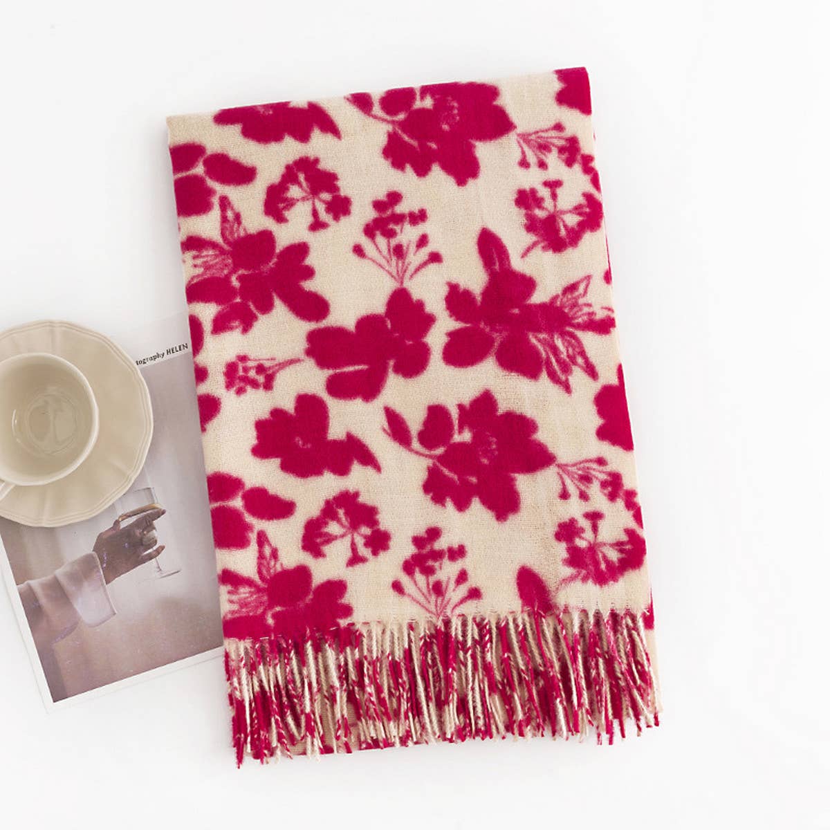 Rose Print Faux Cashmere Scarf for Women - Winter