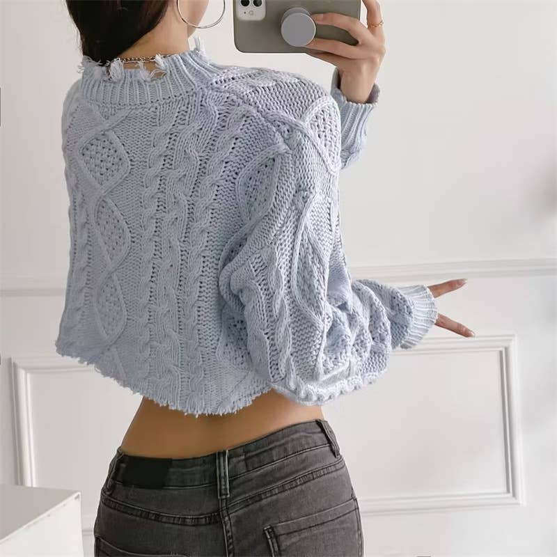 SHORT LONG SLEEVE SOLID COLOR PULLOVER SWEATER