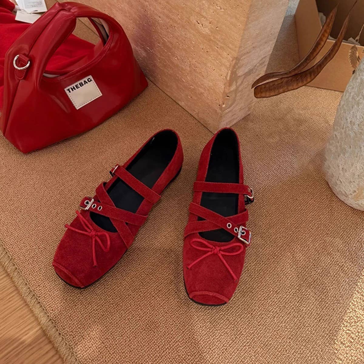 Suede Mary Jane Flats with Cross Strap & Bow_CWSHF0067