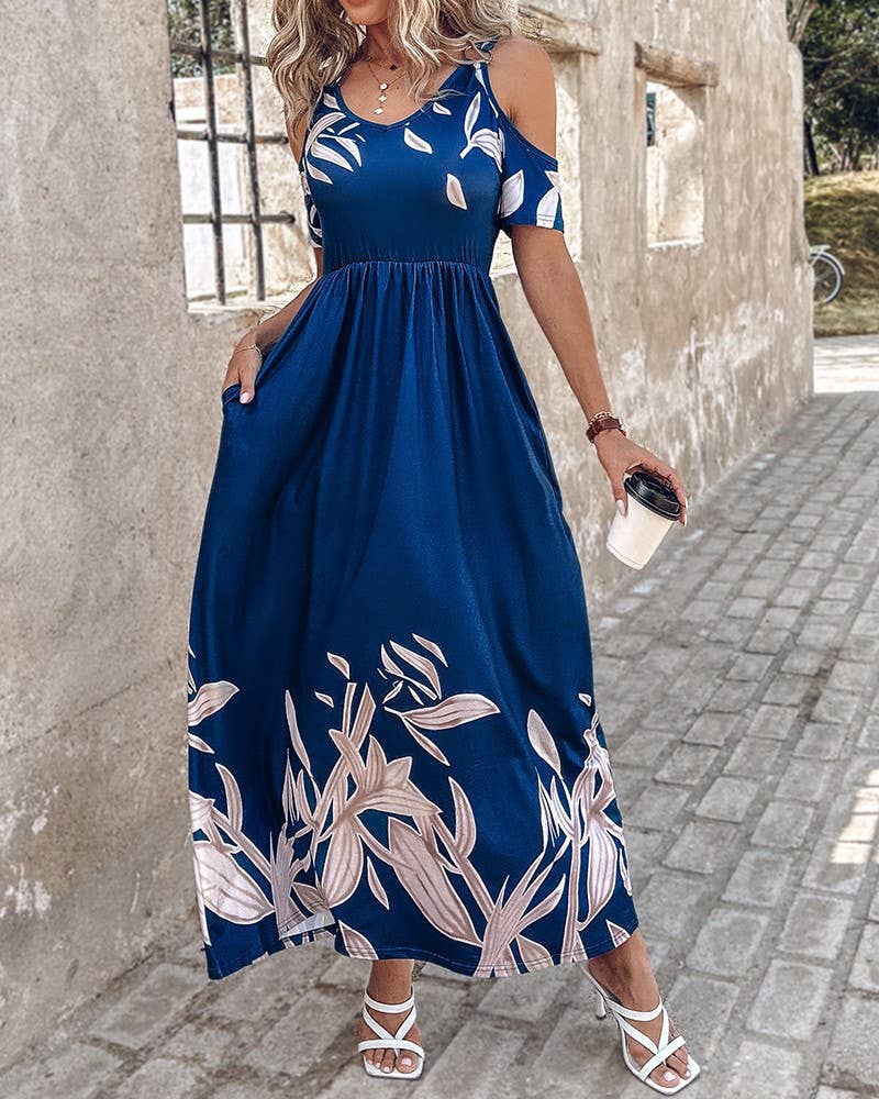 Stylish off-the-shoulder print waist long dress