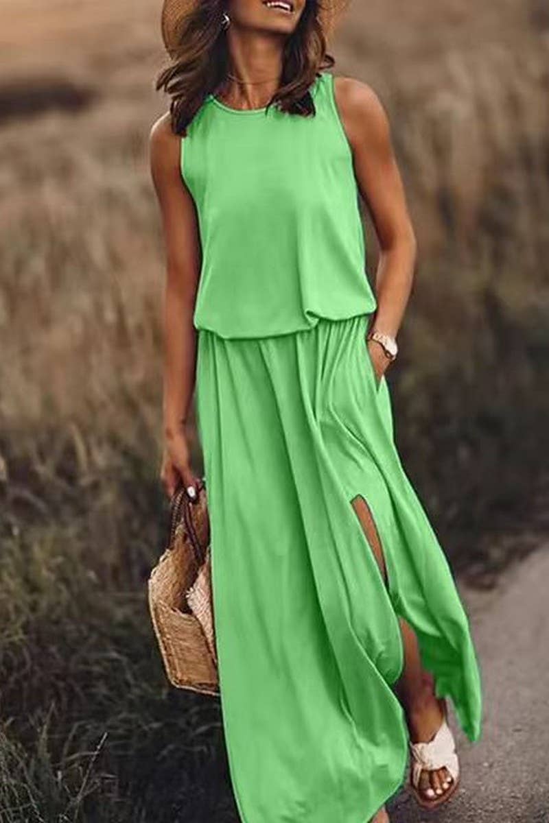 CWDMD5390_SOLID COLOR SLEEVELESS BALLOON LONG DRESS