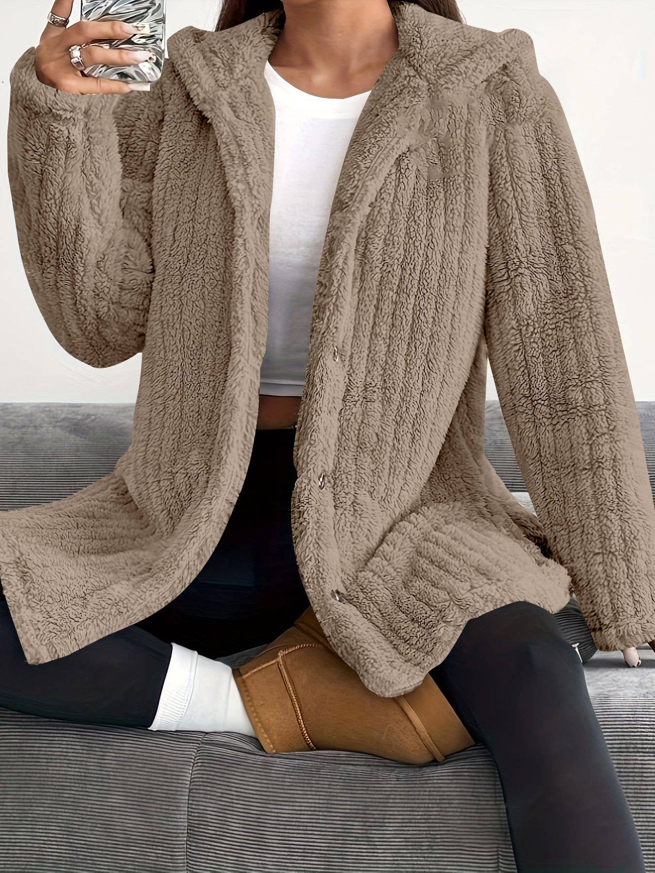 SOLID COLOR LONG SLEEVE HOODED LOOSE FLUFFY COAT