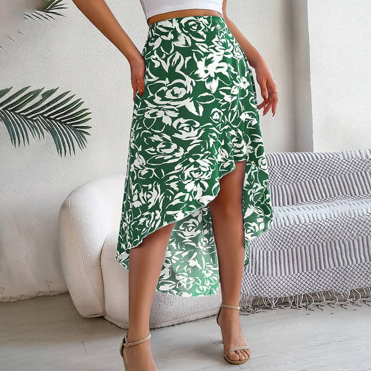 Floral print frilly irregular skirt