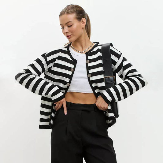 TEMPERAMENT VERSION BUCKLE STRIPED KNIT CARDIGAN