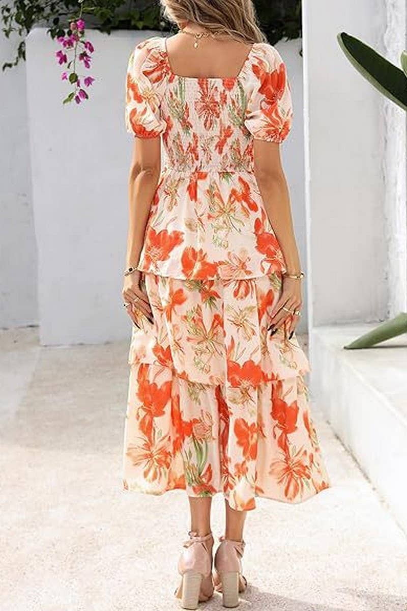 CWDMD01026_SQUARE NECK SHORT SLEEVE FLORAL CHIFFON DRESS