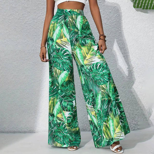 Plant-printed high-waisted wide-leg trousers