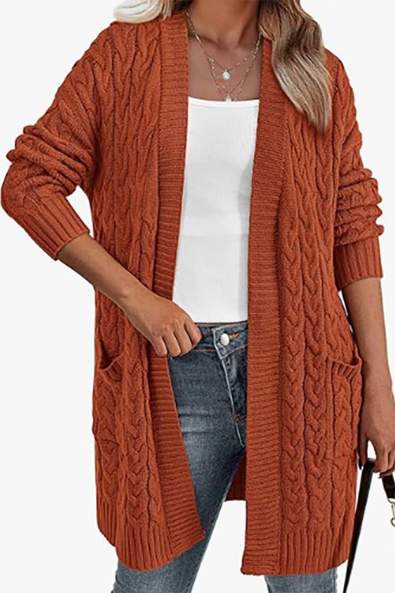 SOLID COLOR TWIST KNIT V-NECK CARDIGAN