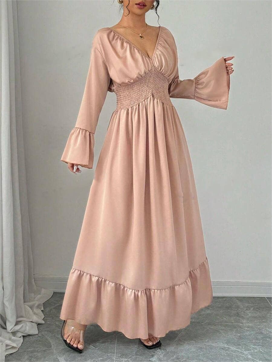 V-NECK WAIST ELEGANT SOLID COLOR LONG WAIST DRESS