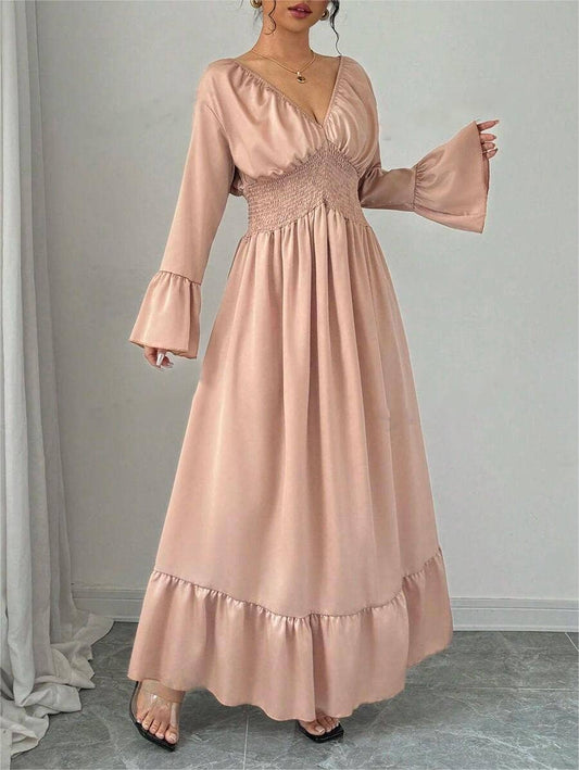 V-NECK WAIST ELEGANT SOLID COLOR LONG WAIST DRESS