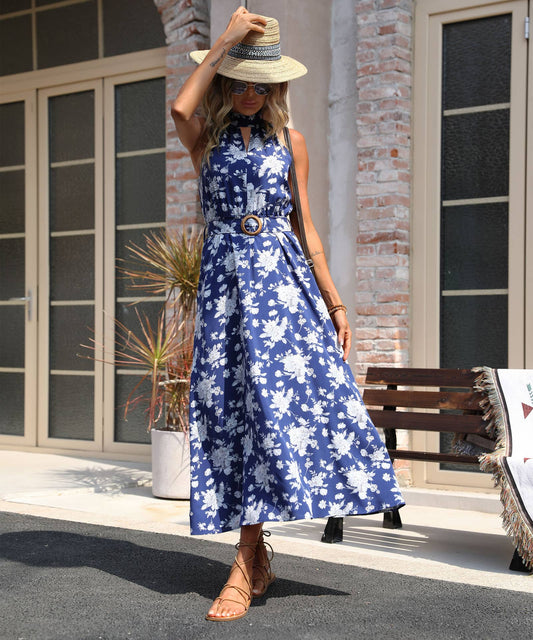 PRINTED SLEEVELESS HALTER DRESS