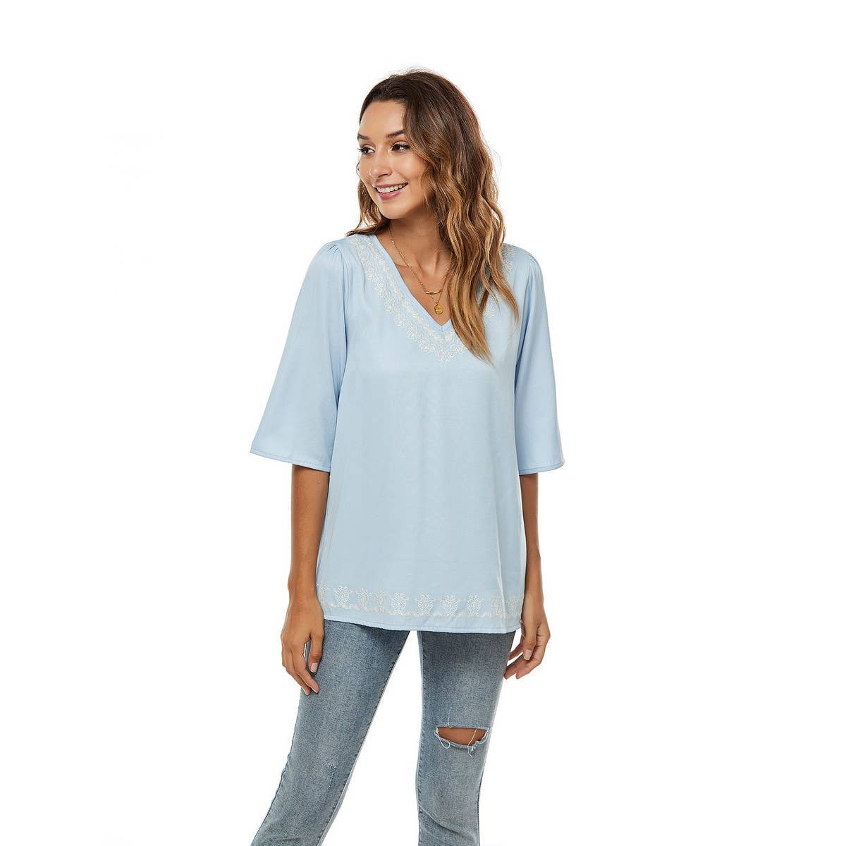 Solid color pullover V-neck loose T-shirt