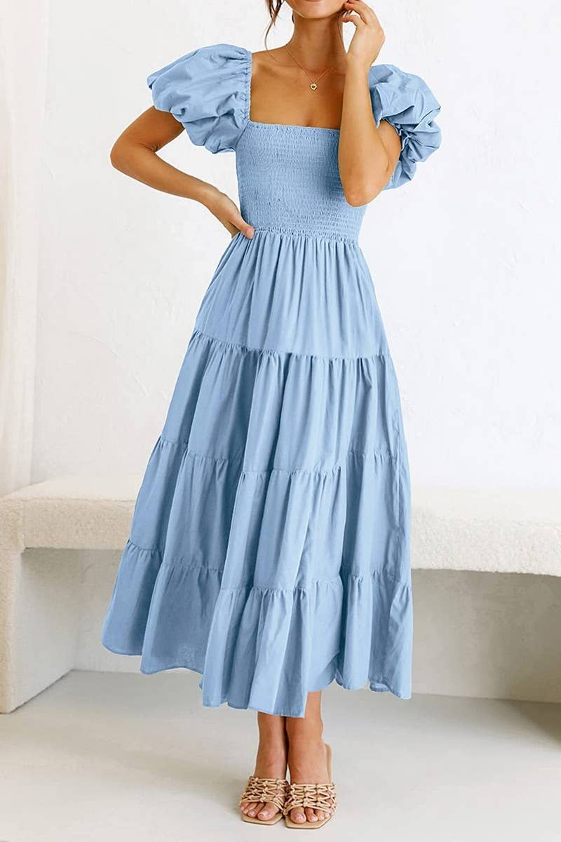 CWDTD0360_SQUARE NECK OFF SHOULDER PUFF SLEEVE DRESS