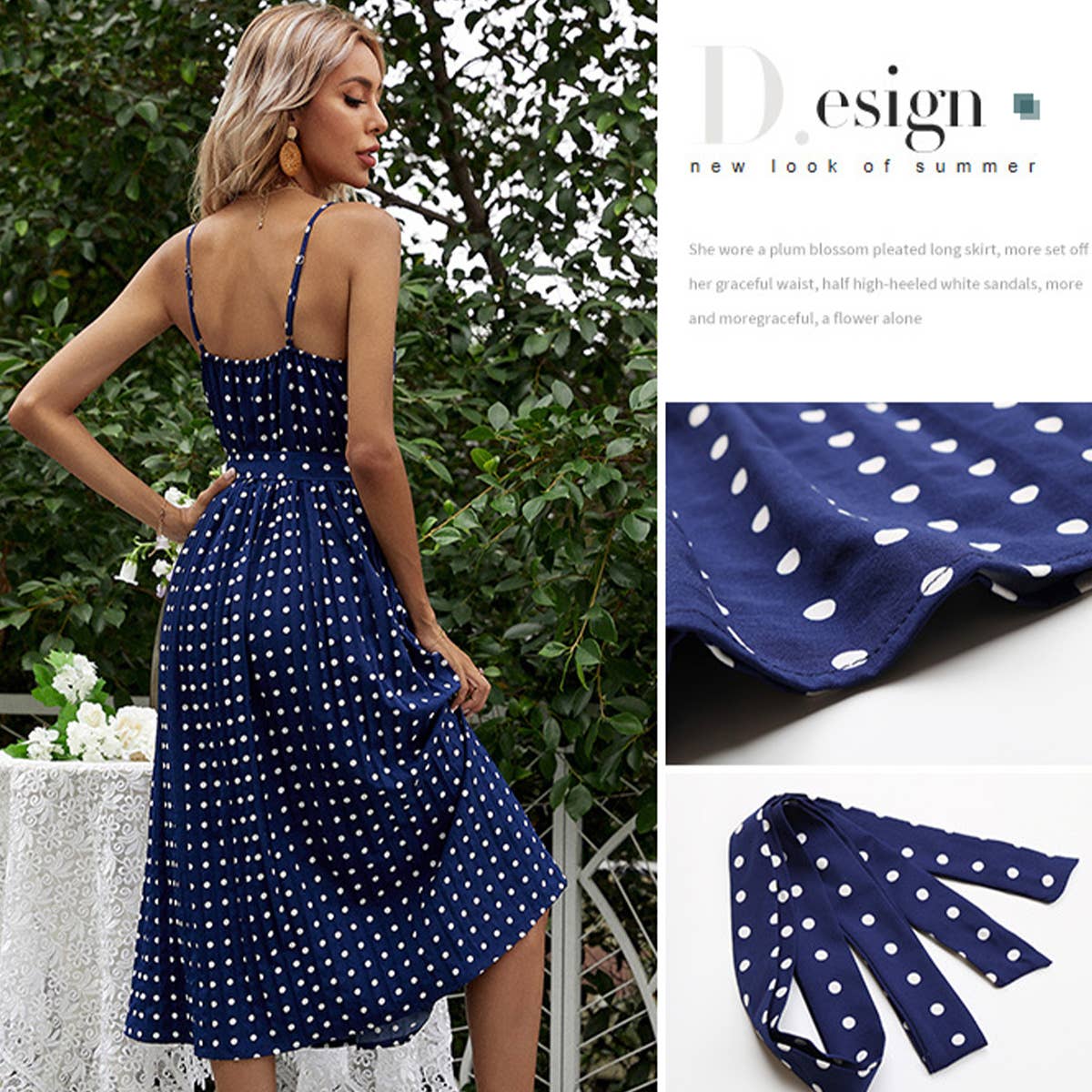 POLKA DOT HALTER LACE PLEATED DRESS