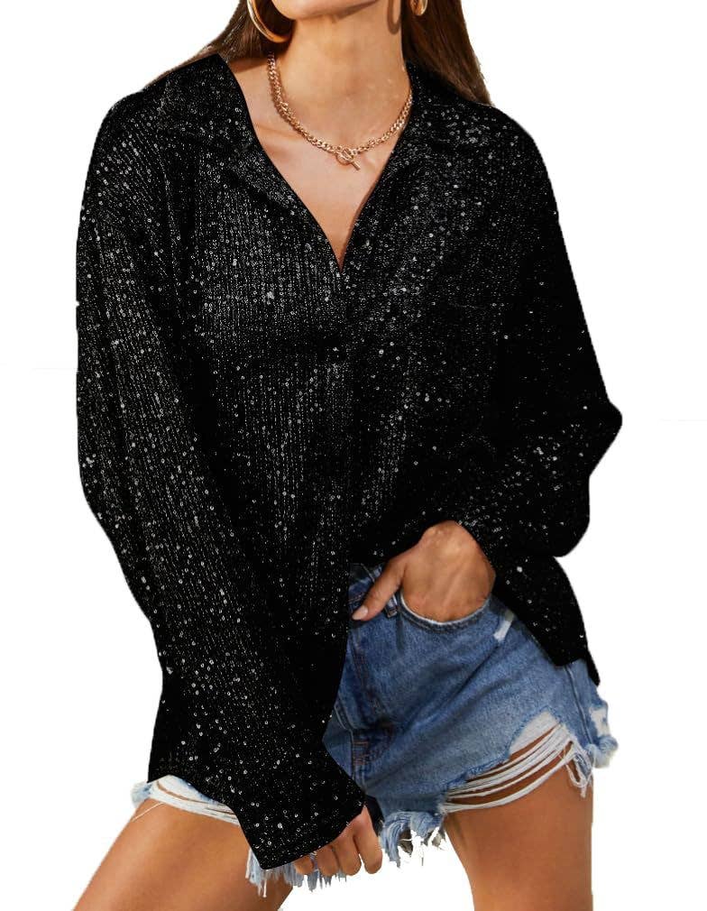 STYLISH SEQUIN LONG-SLEEVED LAPEL STYLE SHIRT