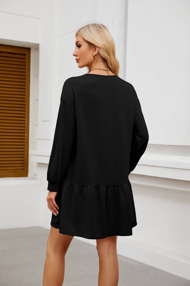 ROUND NECK LONG SLEEVE SOLID COLOR SHORT DRESS