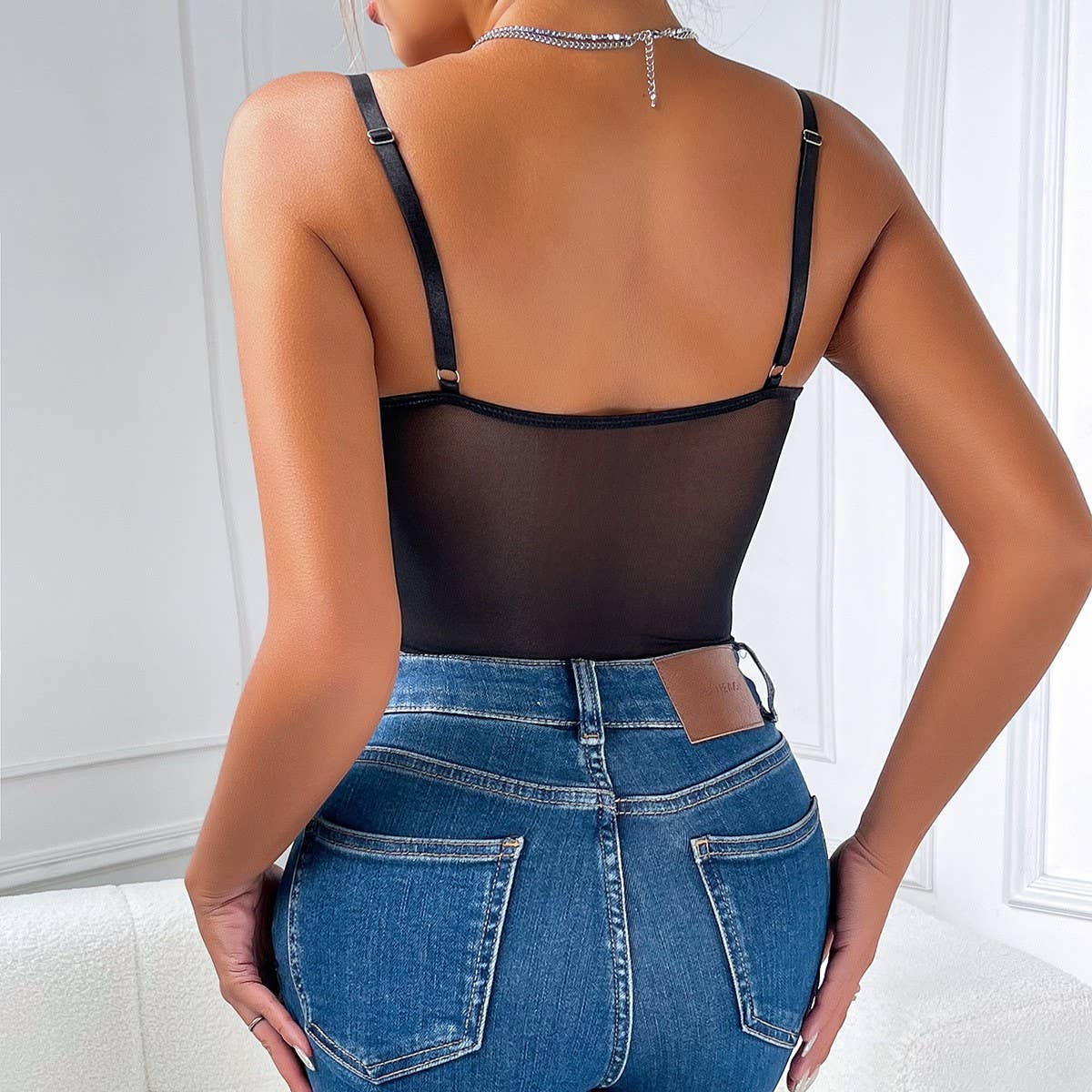 LACE PATCHWORK SLIM SEE-THROUGH CAMISOLE JUMPSUIT