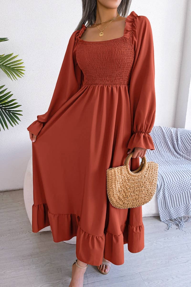 CWDMD2663_RUFFLED DRESS WITH SQUARE COLLAR FLARED SLEEVES