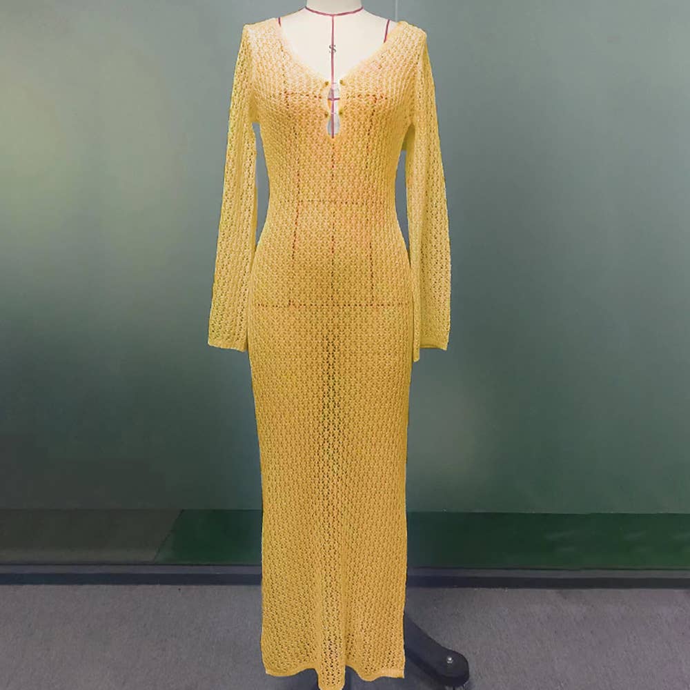 V-Neck Long Sleeve Fit Solid Hollow-Out Dress