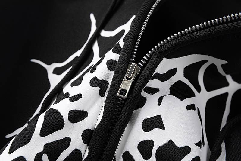 SPIDER WEB HEART ZIPPER FLEECE HOODED CARDIGAN
