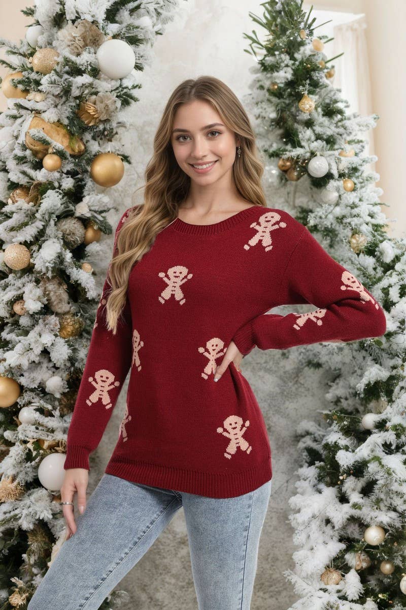 CWOSWL07366_CHRISTMAS CARTOON EMBROIDERED CREWNECK SWEATER