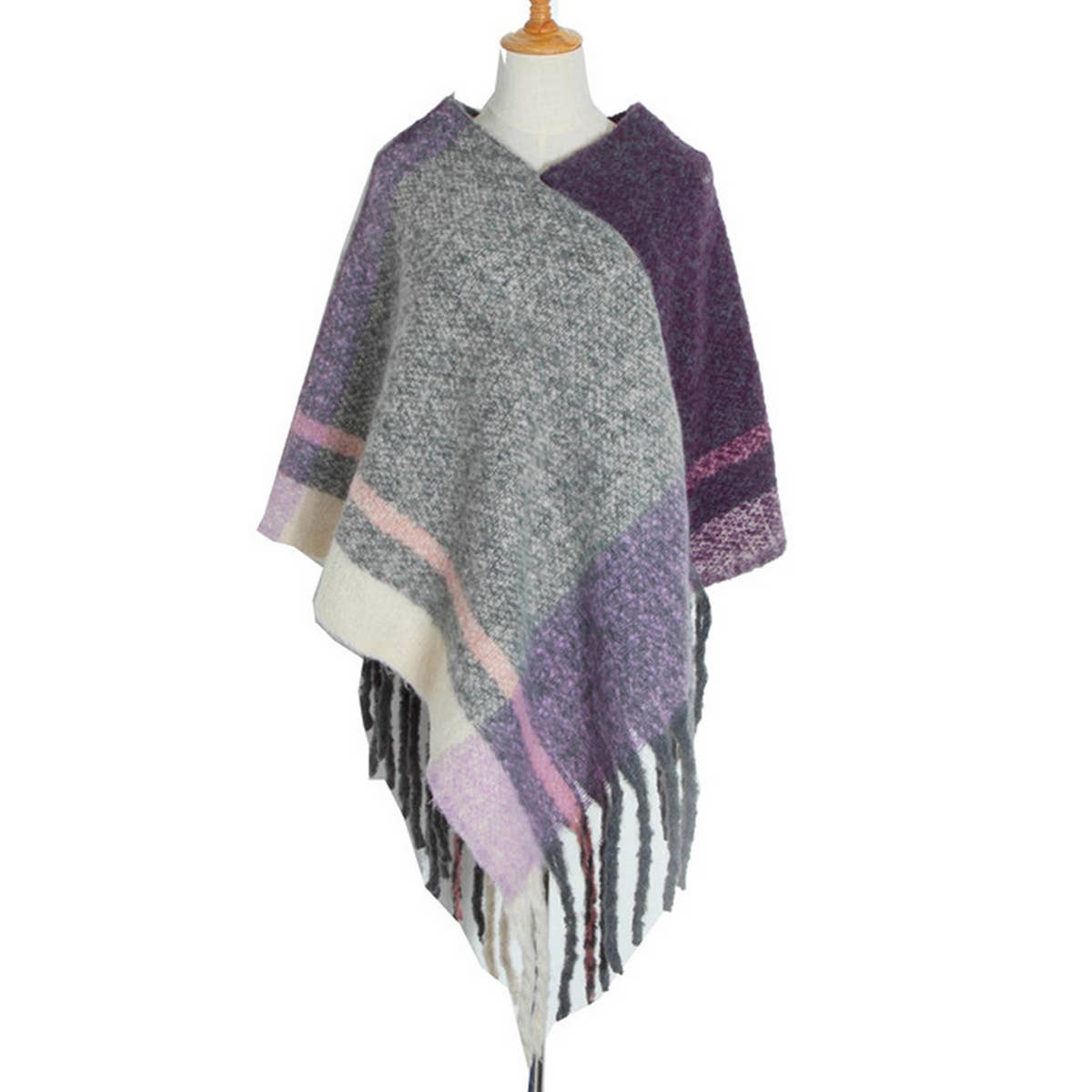 THICK TASSEL COLOR MATCHING PULLOVER CAPE SHAWL
